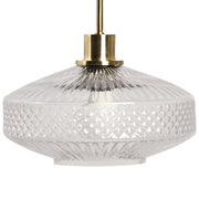 Lampada a sospensione con paralume in vetro trasparente e base in metallo dorato effetto cristallo stile moderno e glamour