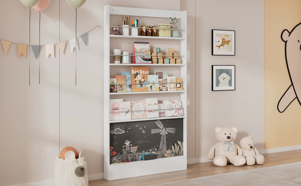 Libreria slim 100x10x180 cm con lavagna nera, 4 ripiani aperti, salvaspazio con fissaggio a parete, bianco