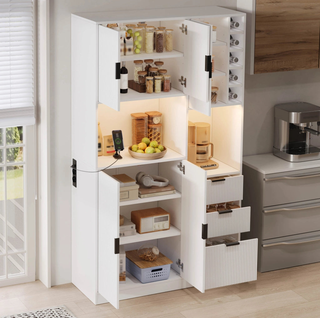 Mobile buffet 105x40x180 cm bianco in MDF, 3 cassetti e portabottiglie laterale
