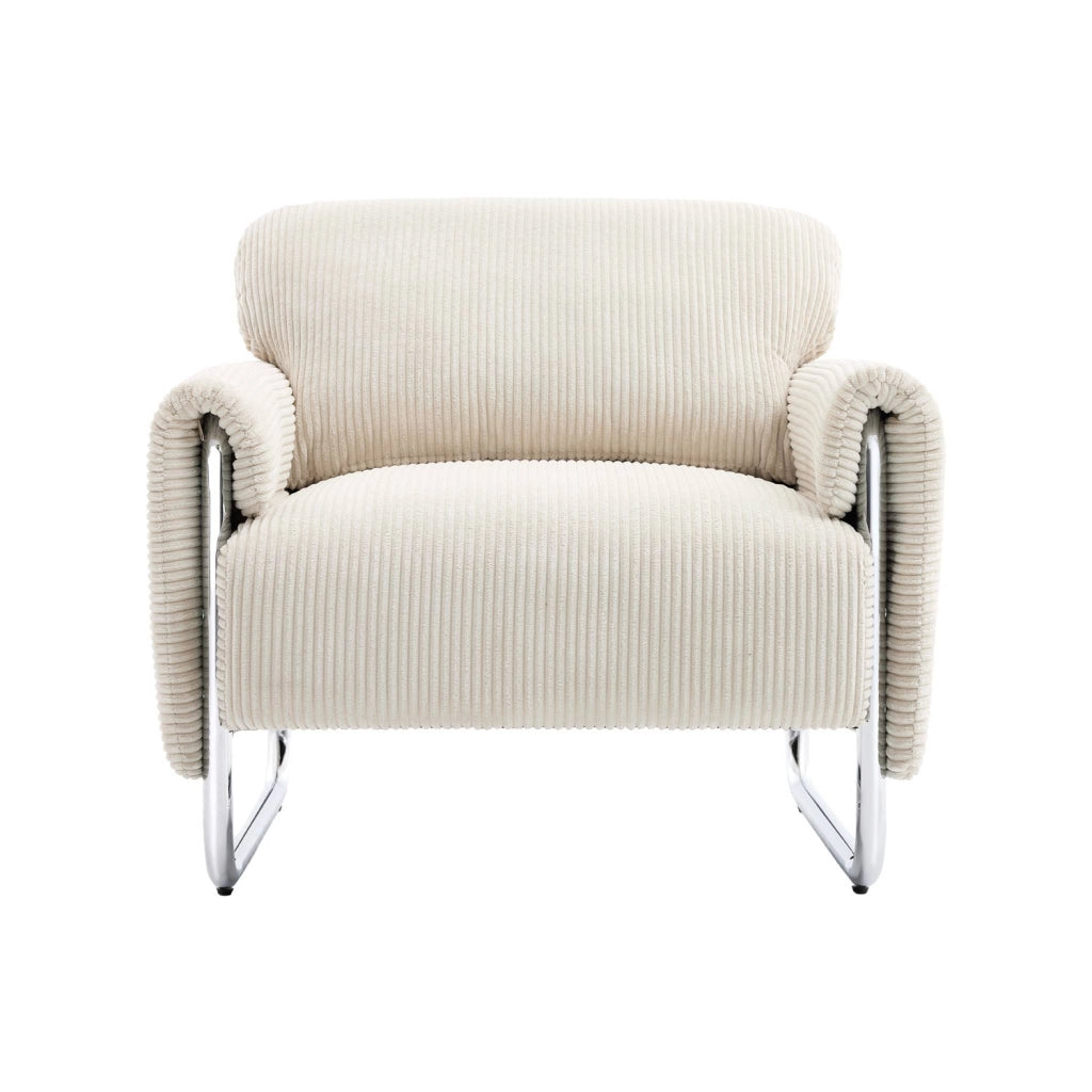 Poltrona vintage in velluto a coste con struttura cromata, bianco