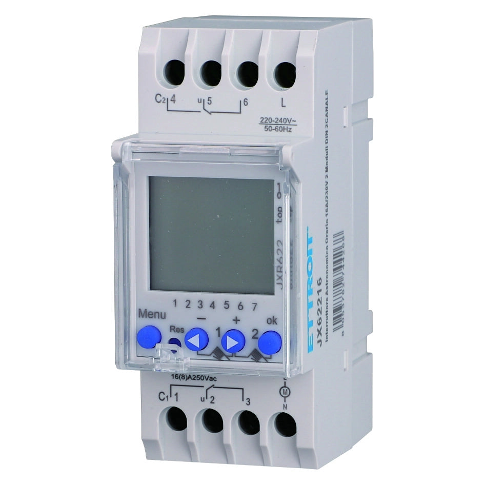 Interruttore Astronomico Orario Progammabile 16A/230V 2 Moduli Attacco DIN 2 Canale