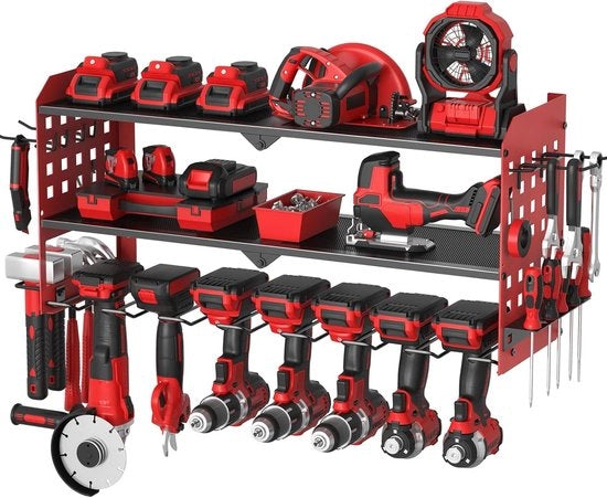 Magazzino elettrico per strumenti con 7 alloggi per borchi, rastrelliera per garage e officina con 3 livelli (rosso)