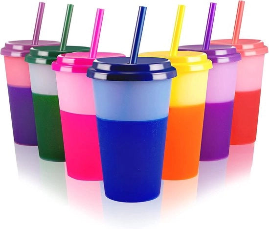 Set di bicchieri da drink per bambini con coperchio in plastica riciclabile e trasparente, 350 ml, set da 7 pezzi.