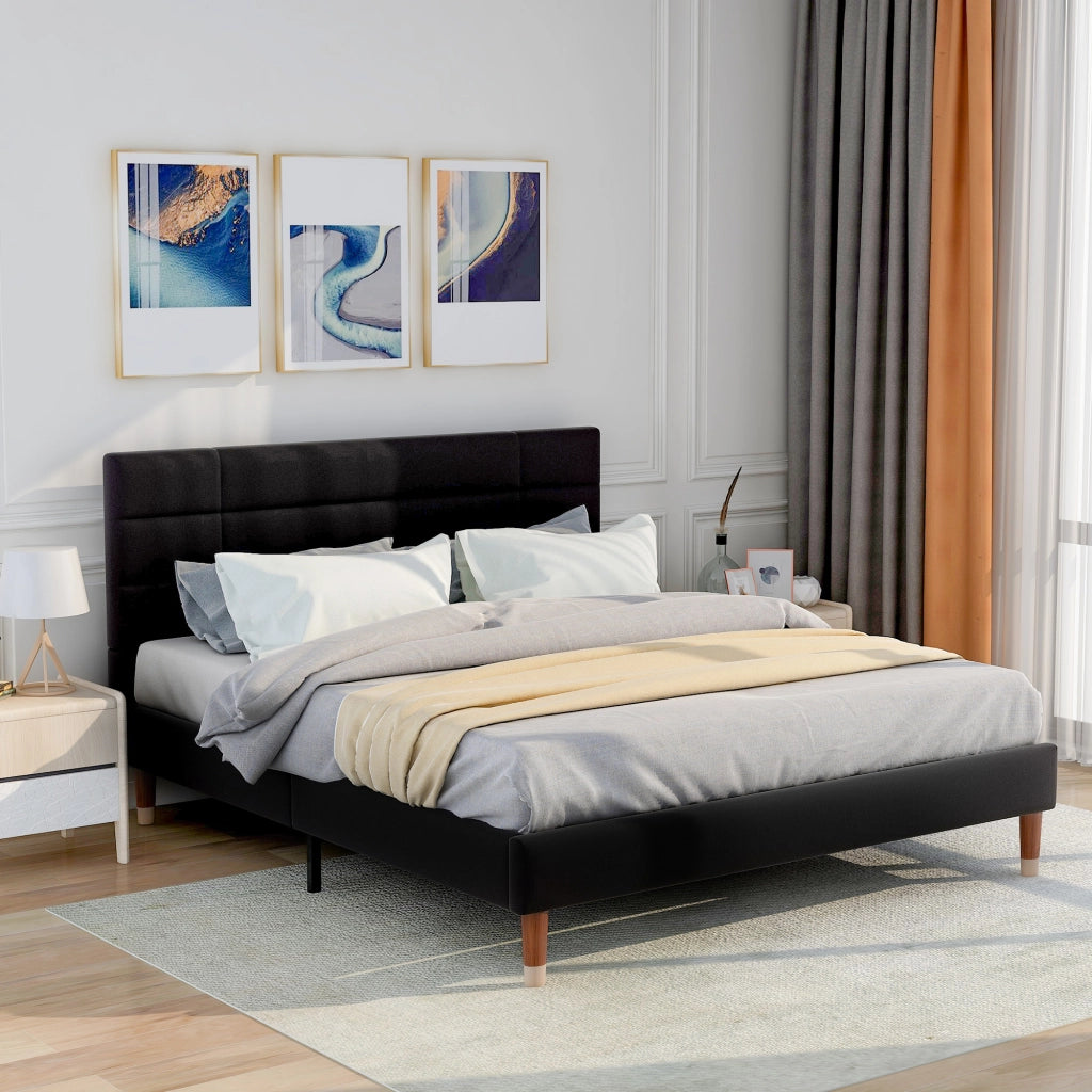 OKWISH Letto Imbottito 140×200 cm, Letto Matrimoniale con Testiera Imbottita, Spazio Sottoletto, senza Materasso, Nero