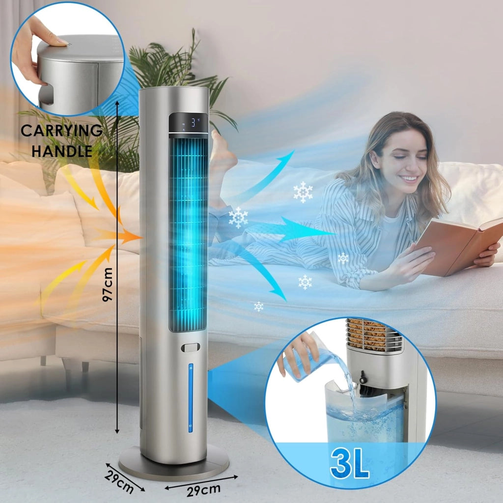 Ventilatore a torre con diffusore di aromi, telecomando a 3 livelli, con raffreddamento ad acqua, oscillazione 50°, timer 12 ore e modalità sleep per ufficio/casa, ventilatore silenzioso da