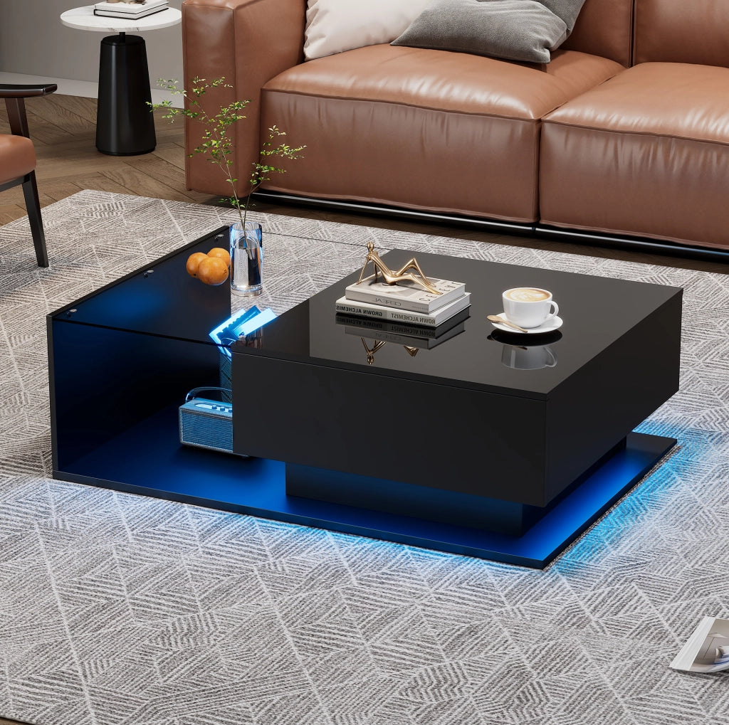Tavolino da caffè nero lucido con piano in vetro e LED