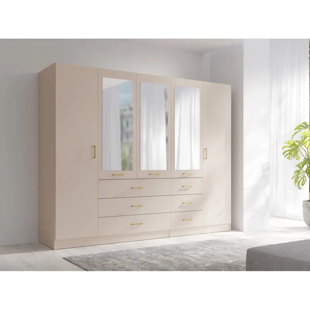 Armadio KALISTA 250 cm beige sabbia con specchi e 6 cassetti