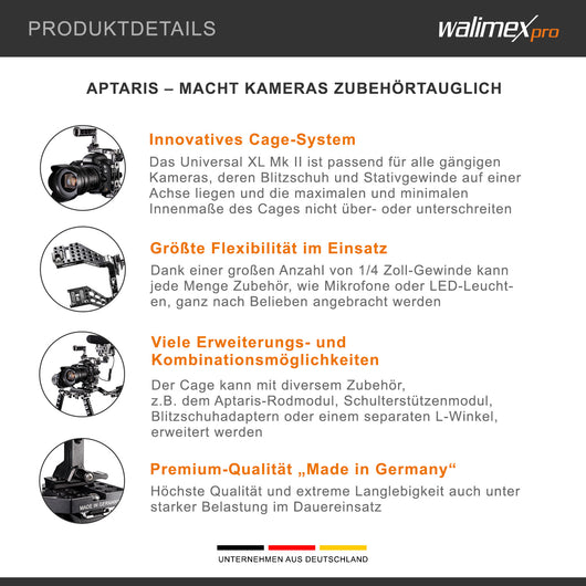 20773 Aptaris Universal XL MK II sistema a gabbia/rig per fotocamere DSLR/telecamere di sistema