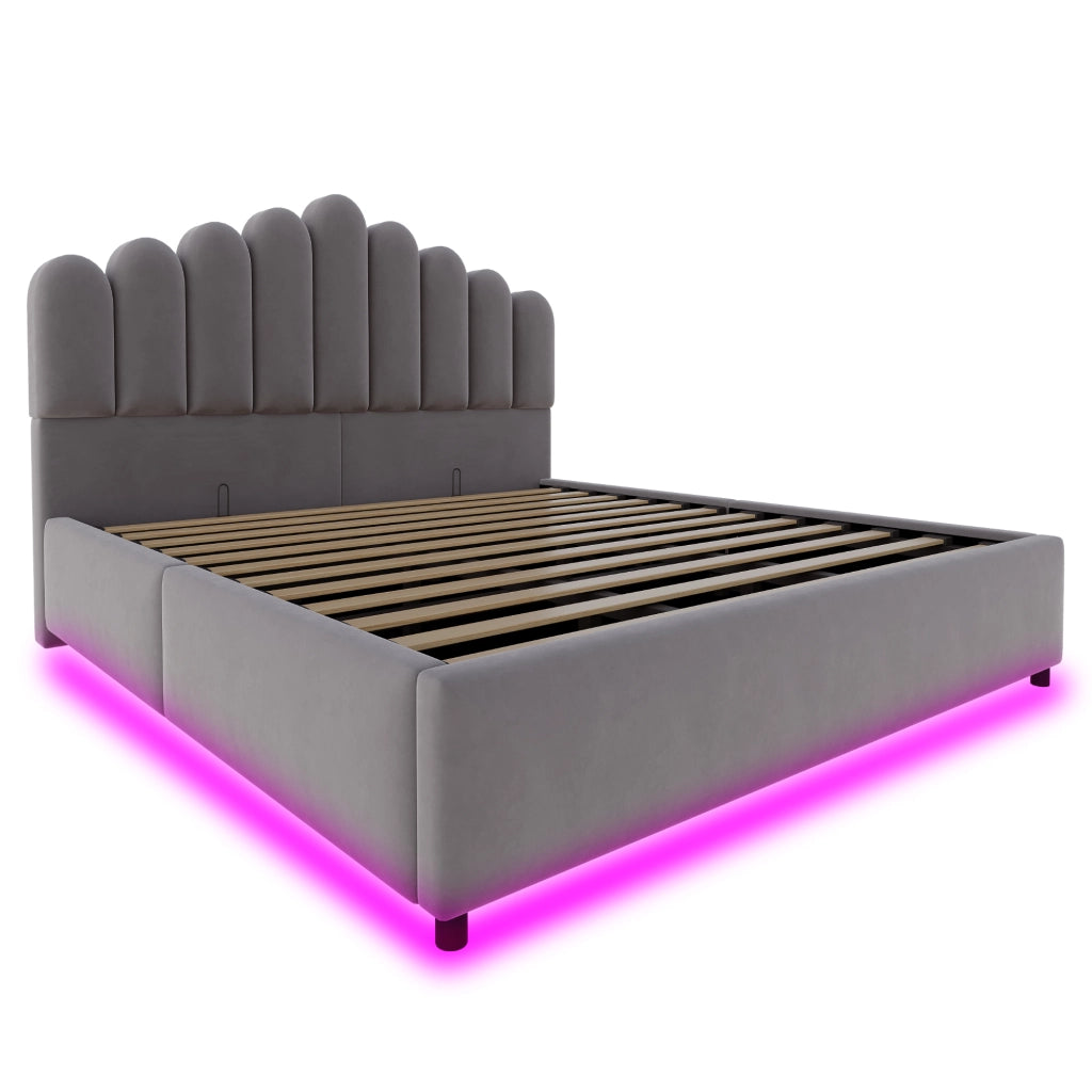 Letto imbottito 180x200 cm con contenitore idraulico, testiera imbottita, luce LED e struttura a doghe, colore grigio
