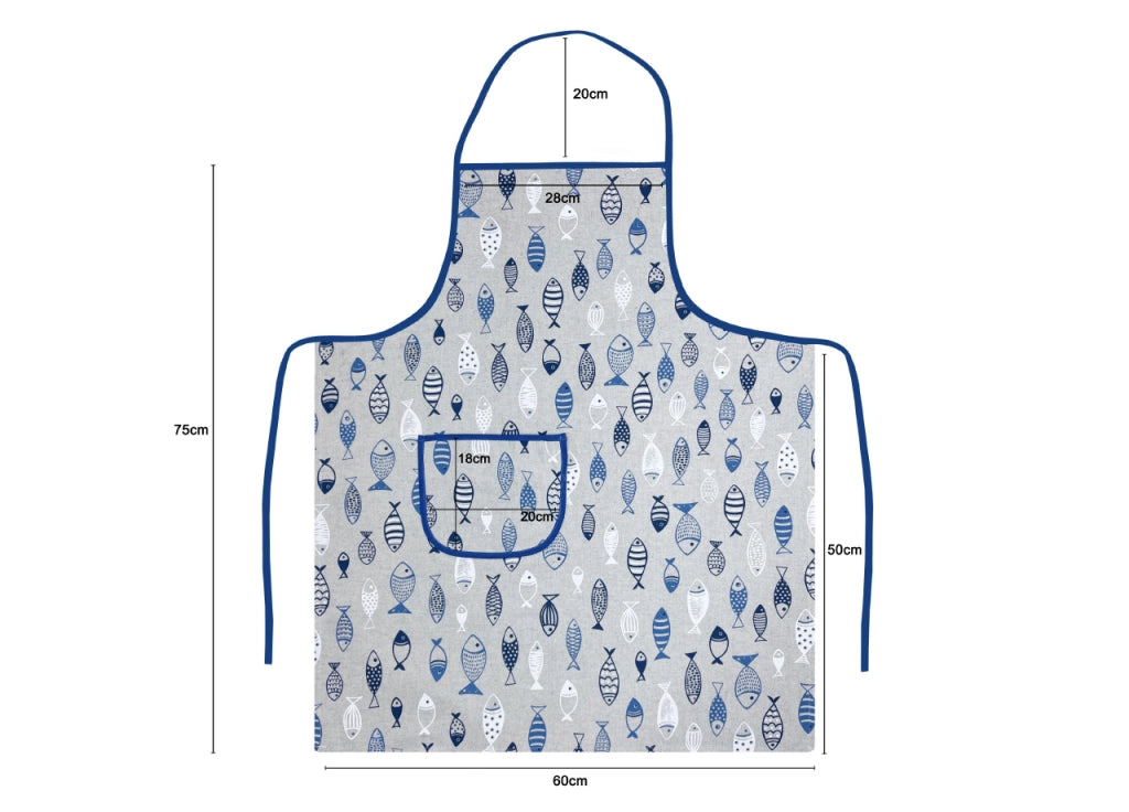 Pack 2 Pezzi Grembiule Alto Pettorina Cucina Chef Casa Con Tasche Pesci Azzurro