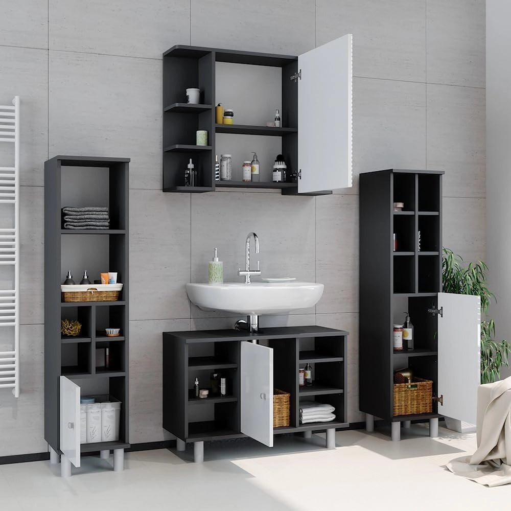 Mobiletto per lavabo Fynn, Antracite/bianco lucido, 80 x 54 cm con 6 ripiani, per la conservazione in bagno con ritaglio per sifone