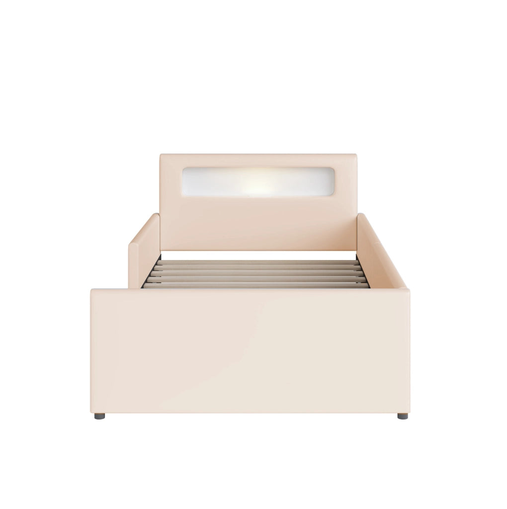 Letto imbottito per bambini 90x200 cm con LED; USB e cassetti; beige