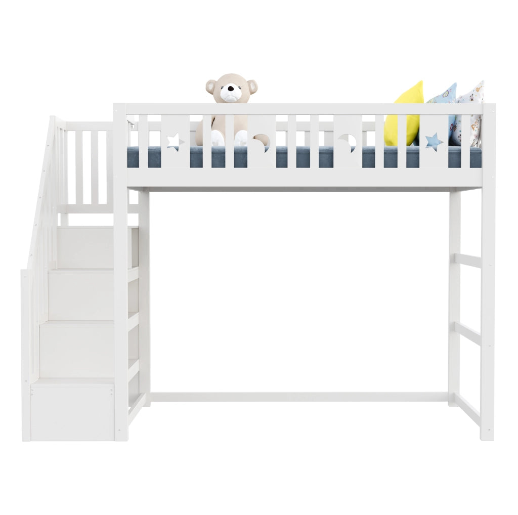 Letto a soppalco per bambini 90x200 cm con scala e ripiani; in legno; bianco
