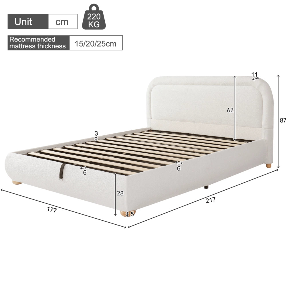Letto contenitore imbottito 160x200 cm con sollevamento idraulico; rete a doghe; rivestimento bouclé; beige