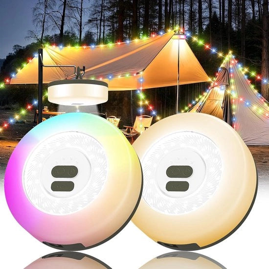 Kit di illuminazione per tenda da campeggio 2 pezzi – 4 in 1 contenitore – 9 posizioni – ricaricabile e impermeabile – caldo + RGB – per campeggio, festival (10M+7M)