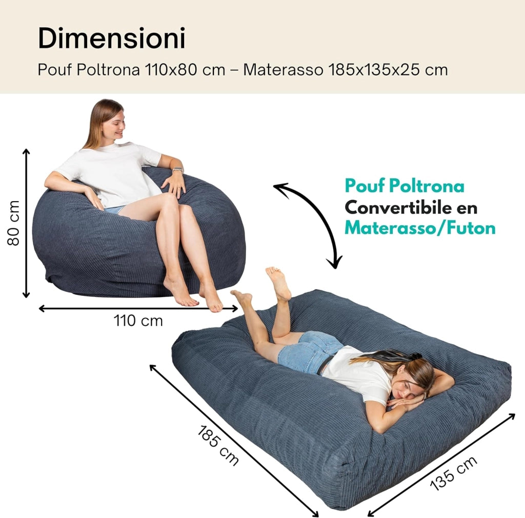 Pouf Poltrona Sacco Convertibile en Materasso/Futon Singolo Pieghevole 135x185 cm - Morbido, Tessuto di Velluto a Coste Larghe - Confortevole, Imbottitura in Schiuma (Blu Notte)