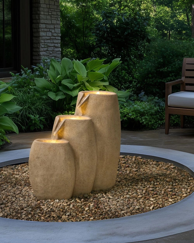 Fontana d'acqua da esterno in resina beige Luce da giardino LED inserita Design moderno