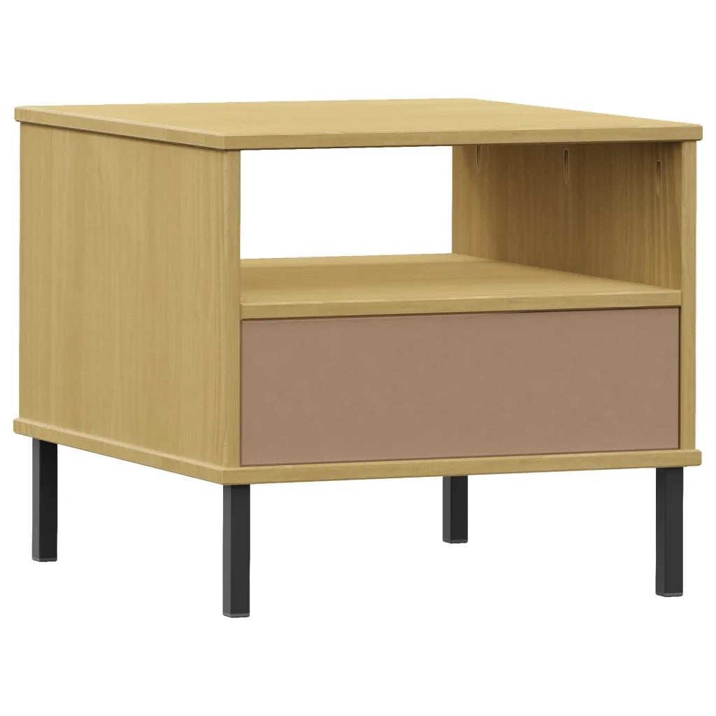 Comodino | Armadio da Notte | Mobiletto da notte con Gambe in Metallo Marrone Legno Massello Pino OSLO
