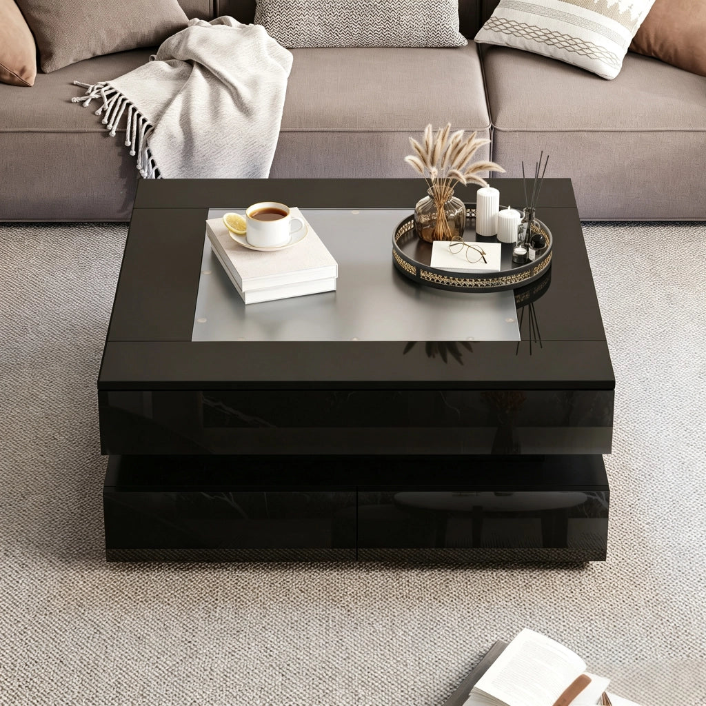 Tavolino da caffè con 3 cassetti e LED - per soggiorno - 70 x 70 x 35 cm - nero