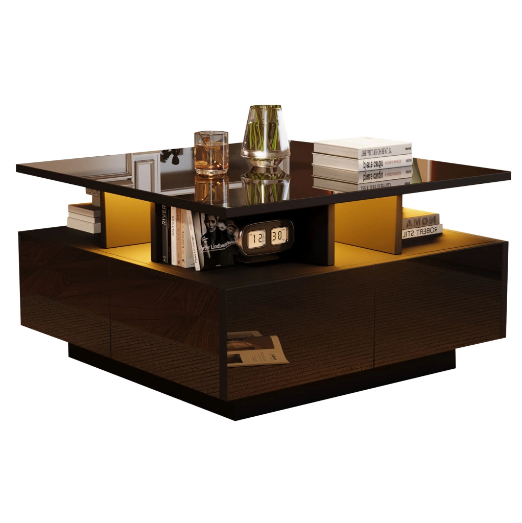 Tavolino da caffè 70x70x40 cm con 4 cassetti; luce LED; finitura lucida; truciolare; nero