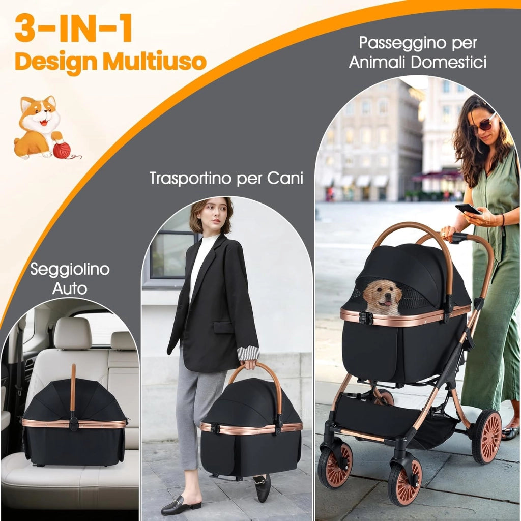 Passeggino Pieghevole per Cani 3 in 1, Carrozzino per Animali con Portapacchi Rimovibile, Tettuccio, Cuscino Rimovibile, Cintura di Sicurezza, Cestino e Portabicchiere, Portata 25 kg