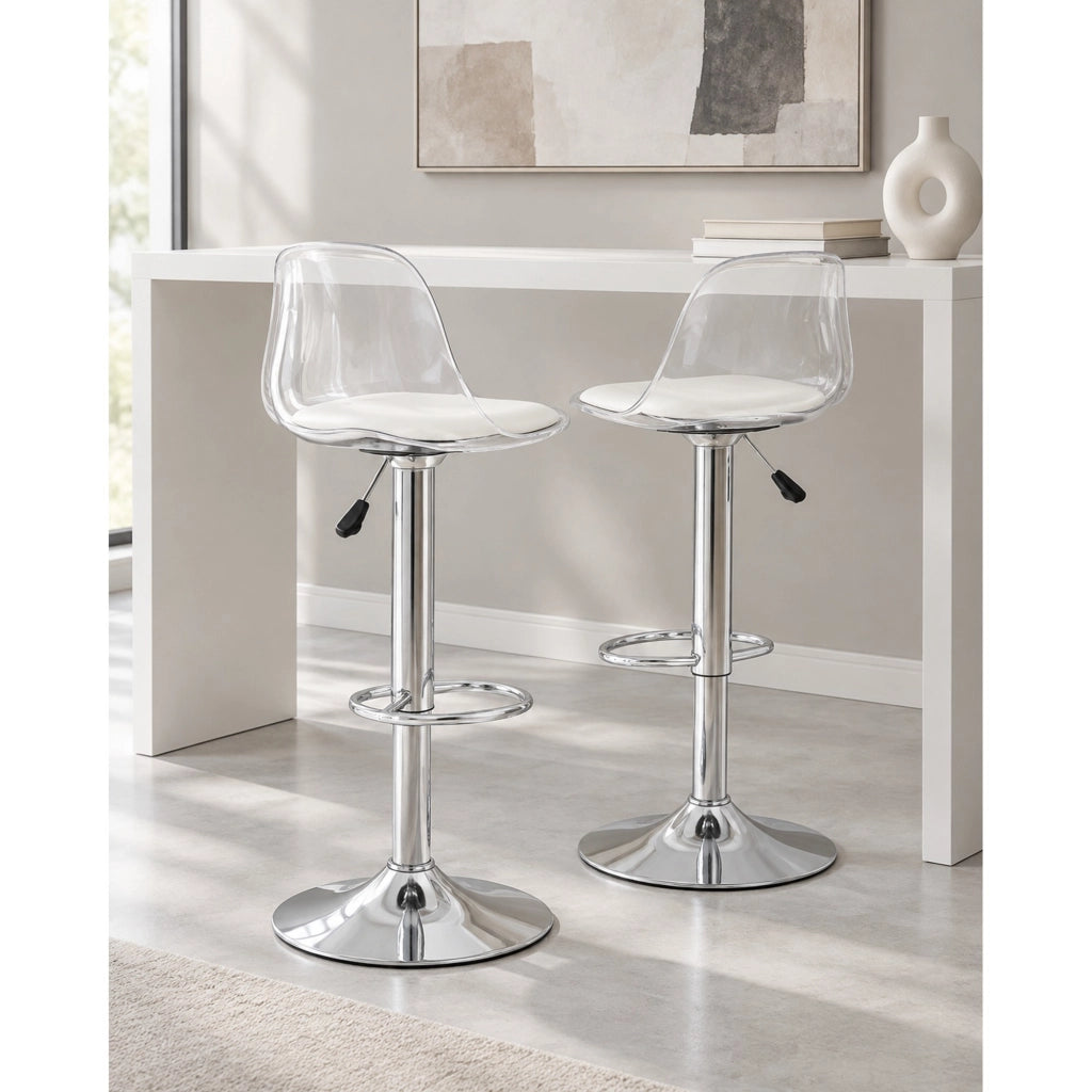 Sgabello da bar regolabile in altezza con schienale trasparente bianco e base in metallo argento set da 2