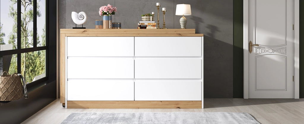 Scrivania girevole con 6 cassetti e ruote bloccabili, per ufficio in casa e camera, in truciolare, bianco e rovere, 120 × 50 cm
