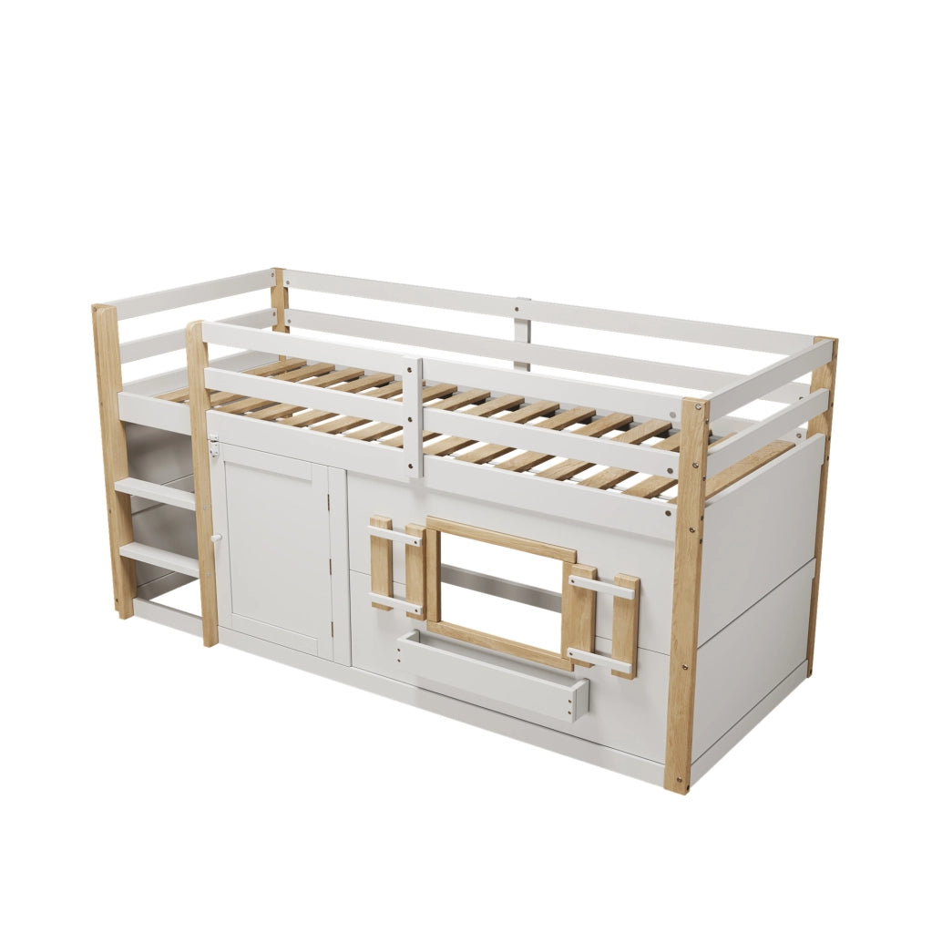 Letto rialzato per bambini 90x200 cm con scala e spazio inferiore multifunzione; bianco
