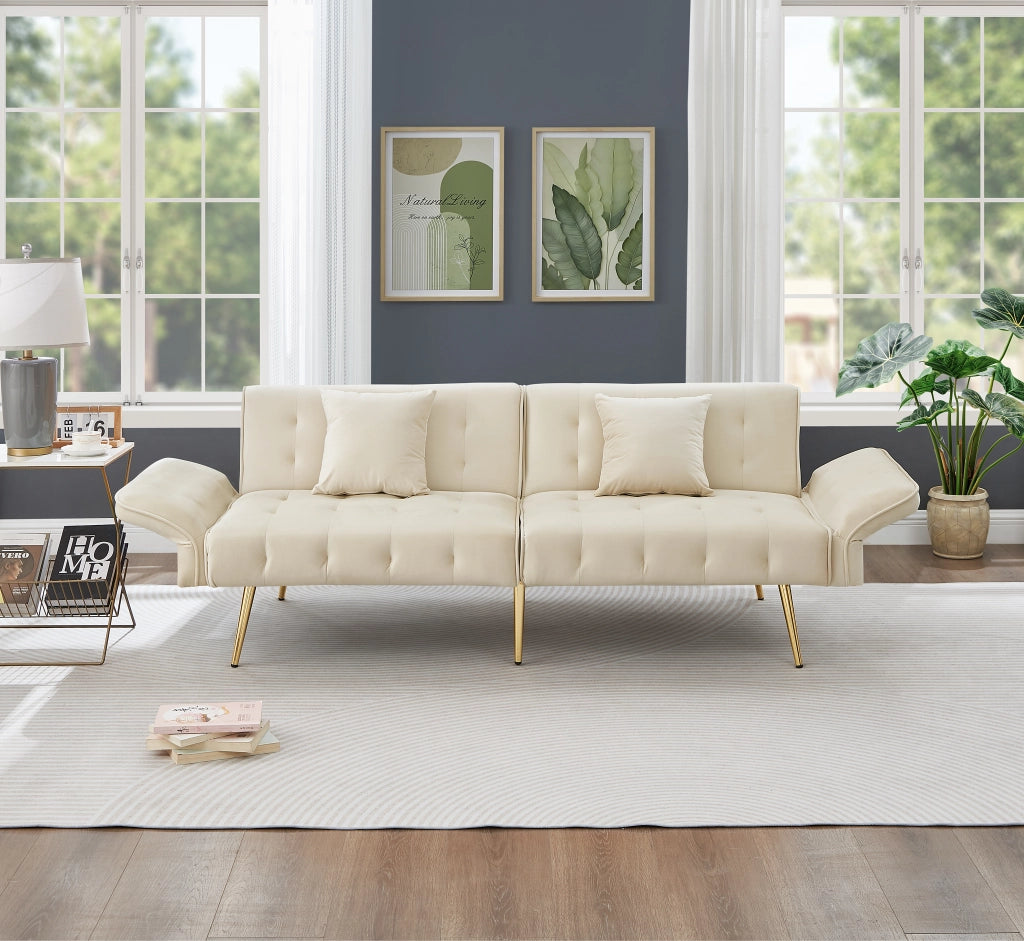 OKWISH Divano Letto 2 Posti, Schienale e Braccioli Regolabili, Cuscini Inclusi, Velluto e Schiuma, Beige