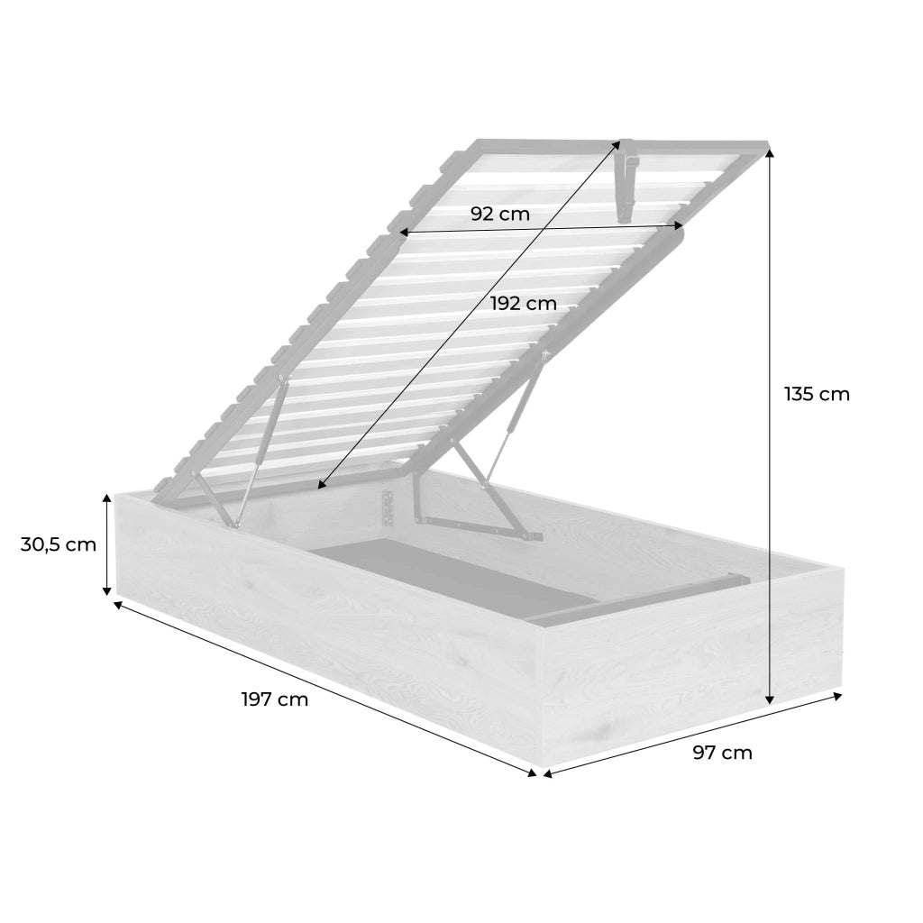 Letto contenitore con rete a doghe 90x190cm decorazione legno, quercia