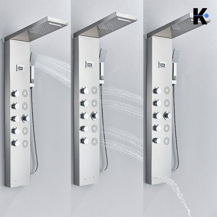 BERND | Pannello doccia premium a pioggia in acciaio inox | Sistema doccia massaggiante in argento spazzolato | Rubinetto miscelatore sistema