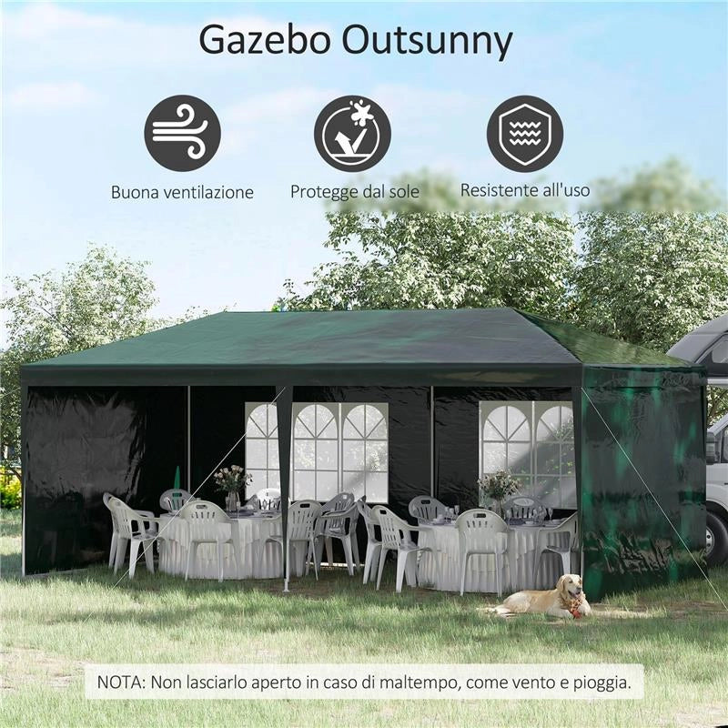 GAZEBO DA GIARDINO 6X3 M PER EVENTI CON PARETI RIMOVIBILI E FINESTRE TRASPARENTI VERDE