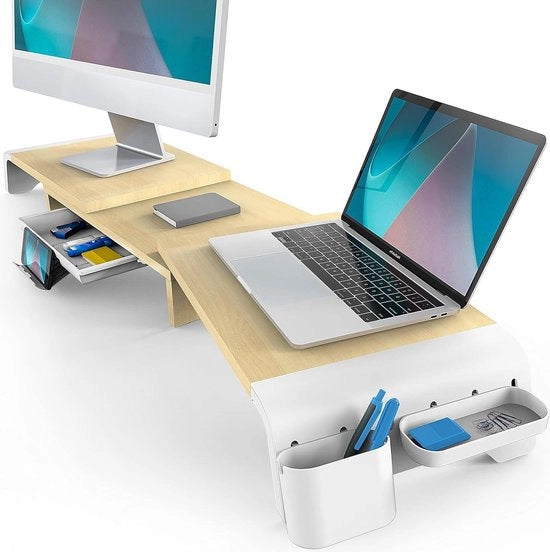Monitorstandaard adattabile con 3 pannelli - organizzatore di scrivania 107cm - Rovere - cassetta a slitta rimovibile - supporto tablet-telefono