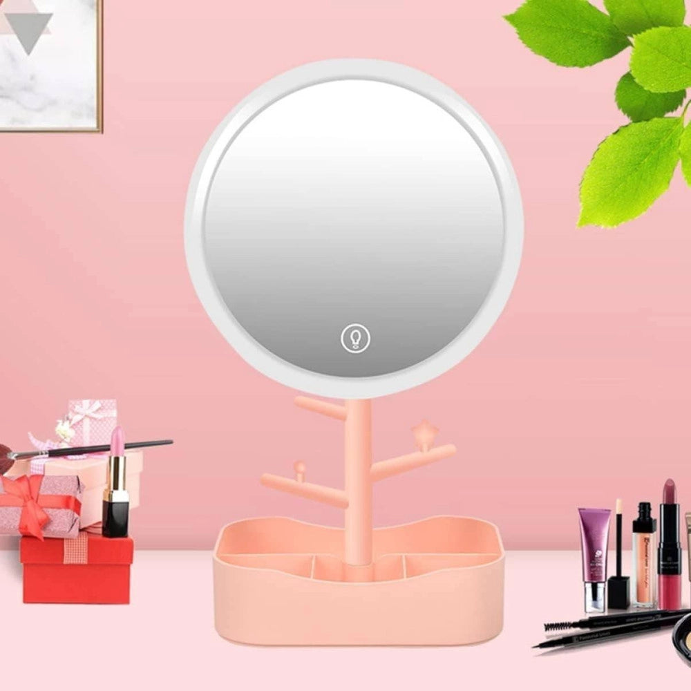 Trade Shop - Specchio Per Trucco Makeup Da Tavolo Con Luce A Led Ricaricabile + Portagioielli -