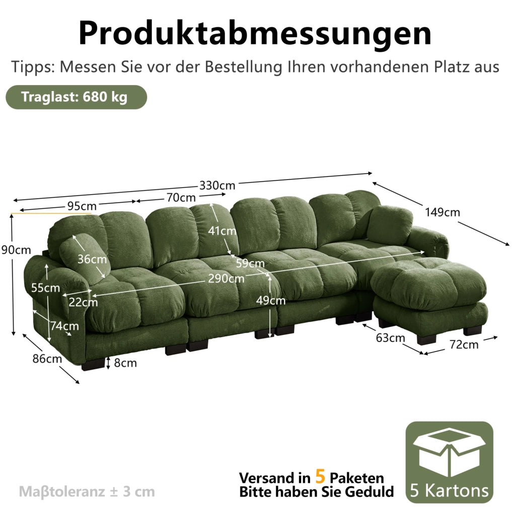 Divano angolare modulare a L in chenille verde con pouf mobile; 330x149x90 cm
