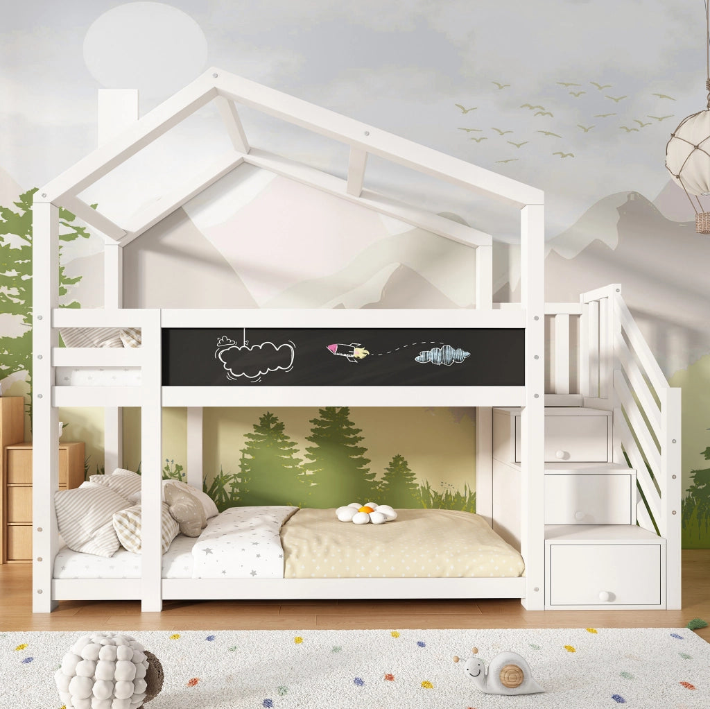 Letto a castello 90x200 cm a casetta con scala contenitore e lavagna in truciolare e legno bianco