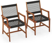 Set di 2 Sedie da Pranzo in Legno di Acacia per Esterno, Sedie da Giardino Intrecciate con Braccioli, Sedia in Legno di Acacia con Tessitura di Corda di Plastica, Capacità di Carico di 160 kg
