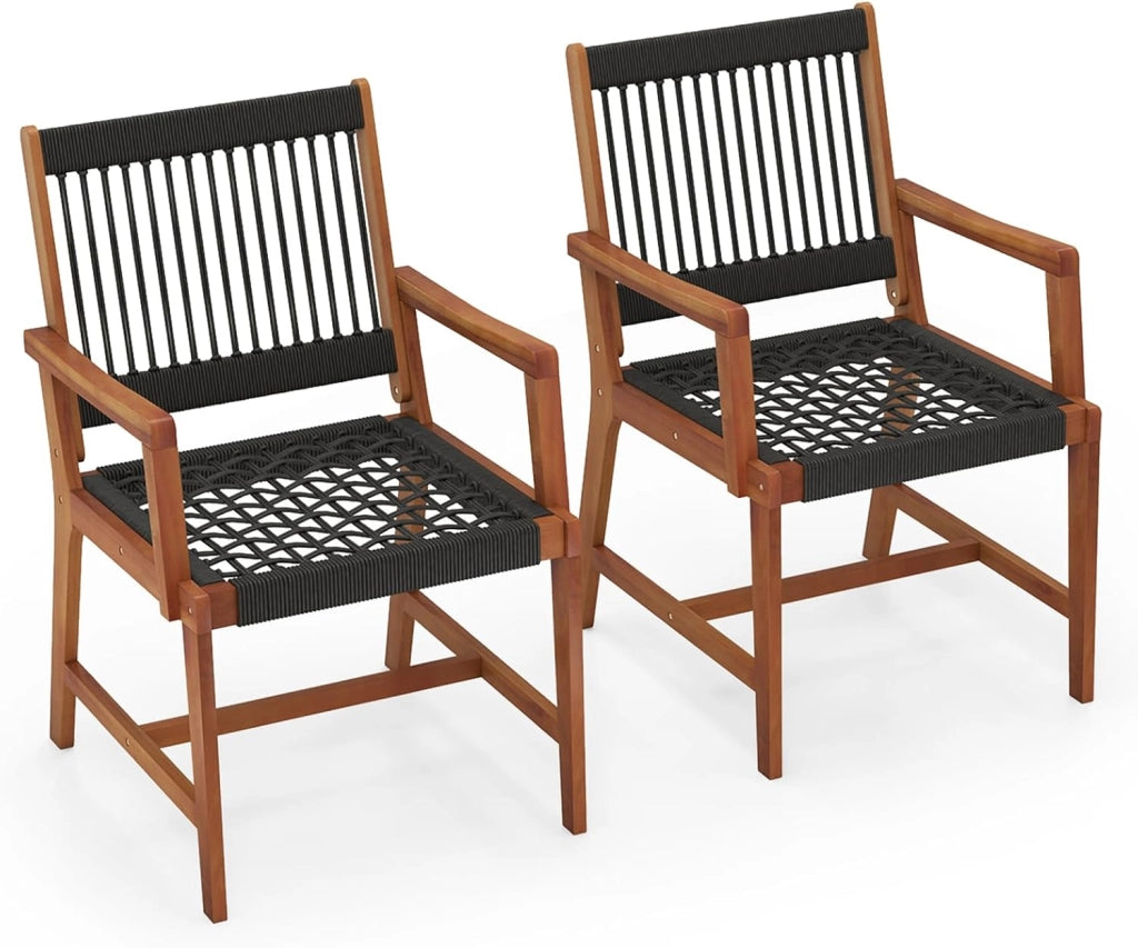 Set di 2 Sedie da Pranzo in Legno di Acacia per Esterno, Sedie da Giardino Intrecciate con Braccioli, Sedia in Legno di Acacia con Tessitura di Corda di Plastica, Capacità di Carico di 160 kg