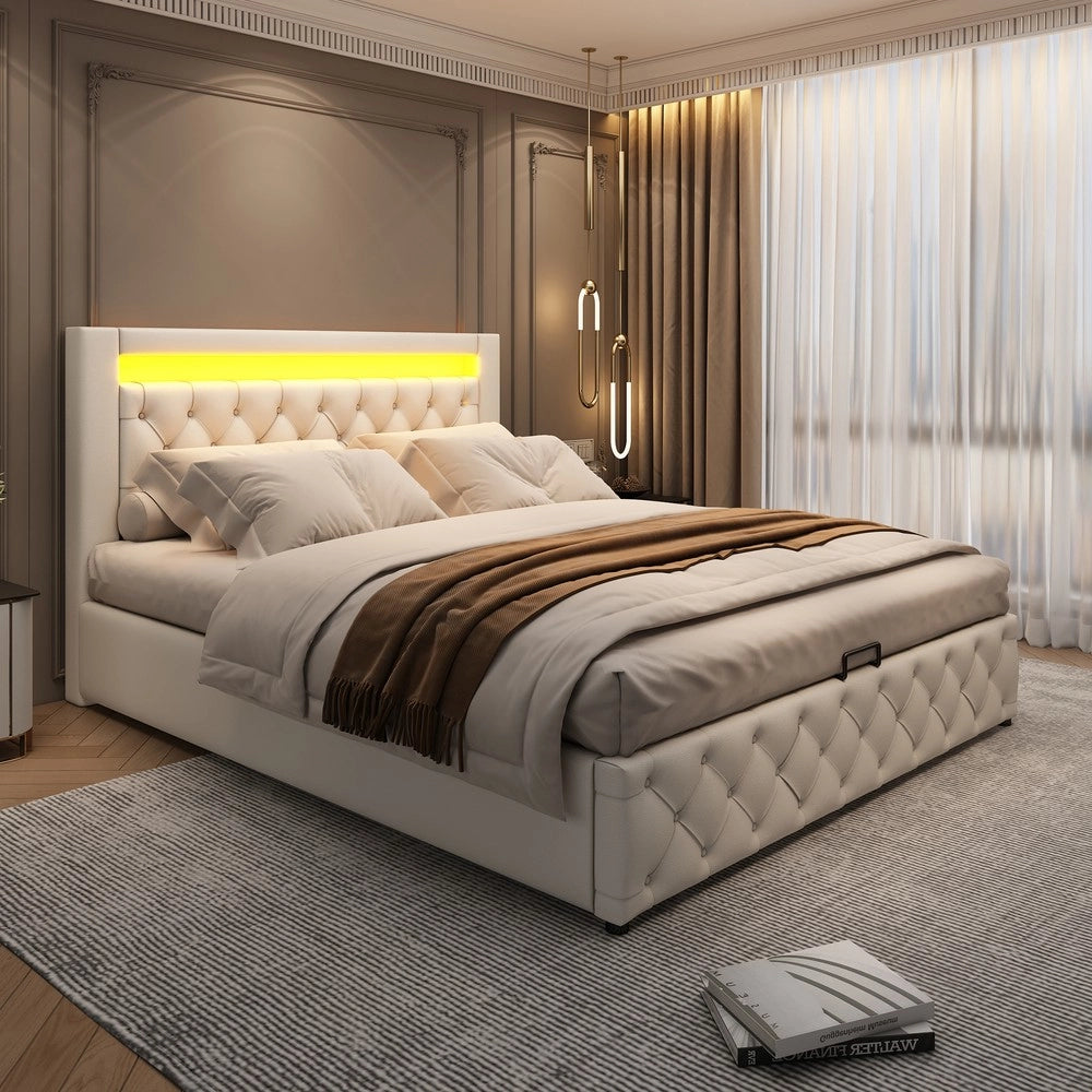 Letto Contenitore Imbottito con LED ¨C MINIMAL ¨C 140x200 cm, Bianco, PU, Rete a Doghe
