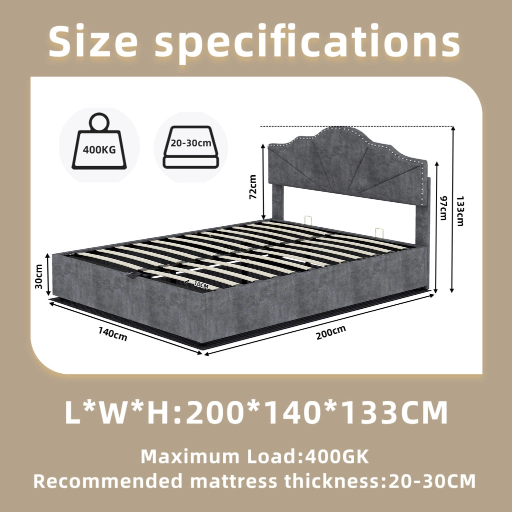 Letto imbottito 140x200 cm con rete a doghe; tessuto grigio e struttura in metallo