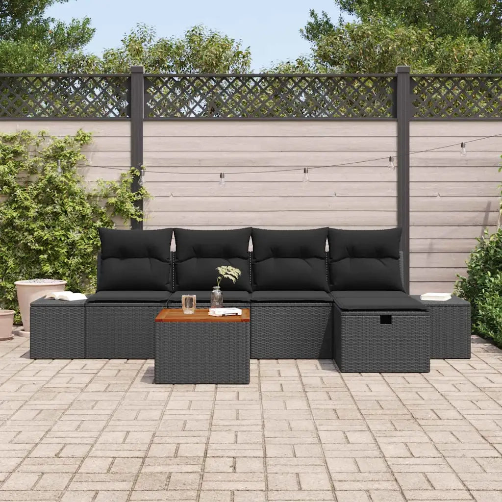 Set Divano da Giardino con cuscino 6 pcs Nero polyrattan