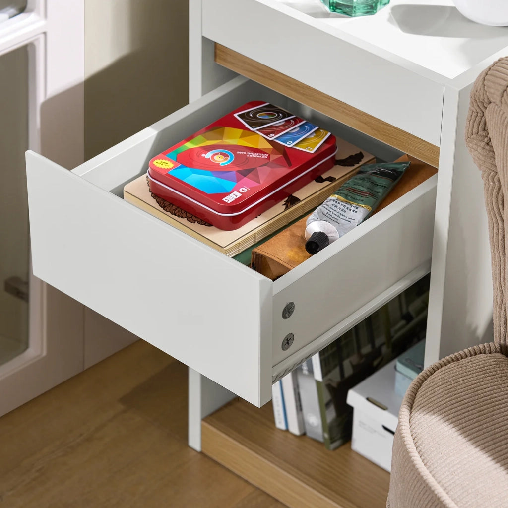 Tavolino laterale Comodino con cassetto Bianco-Naturale 30x35x55cm FBT137-W