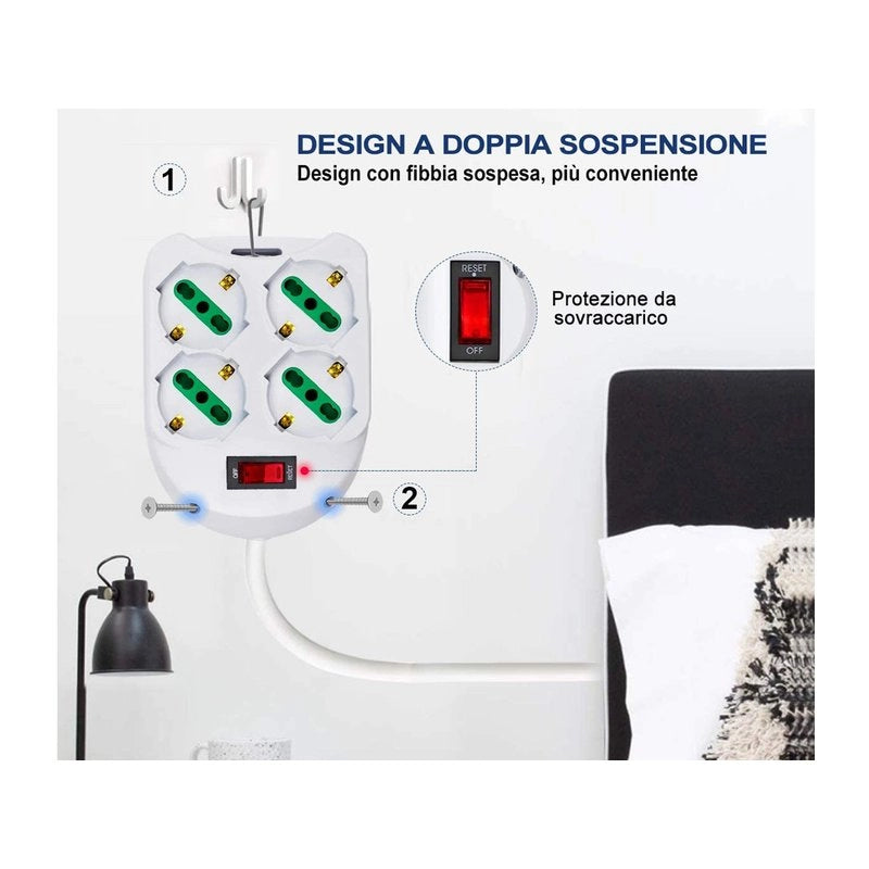 Multipresa Ciabatta Elettrica Con 4 Prese Schuko 10/16A Interruttore Spina 10A Laterale Cavo 1,5M Bianco