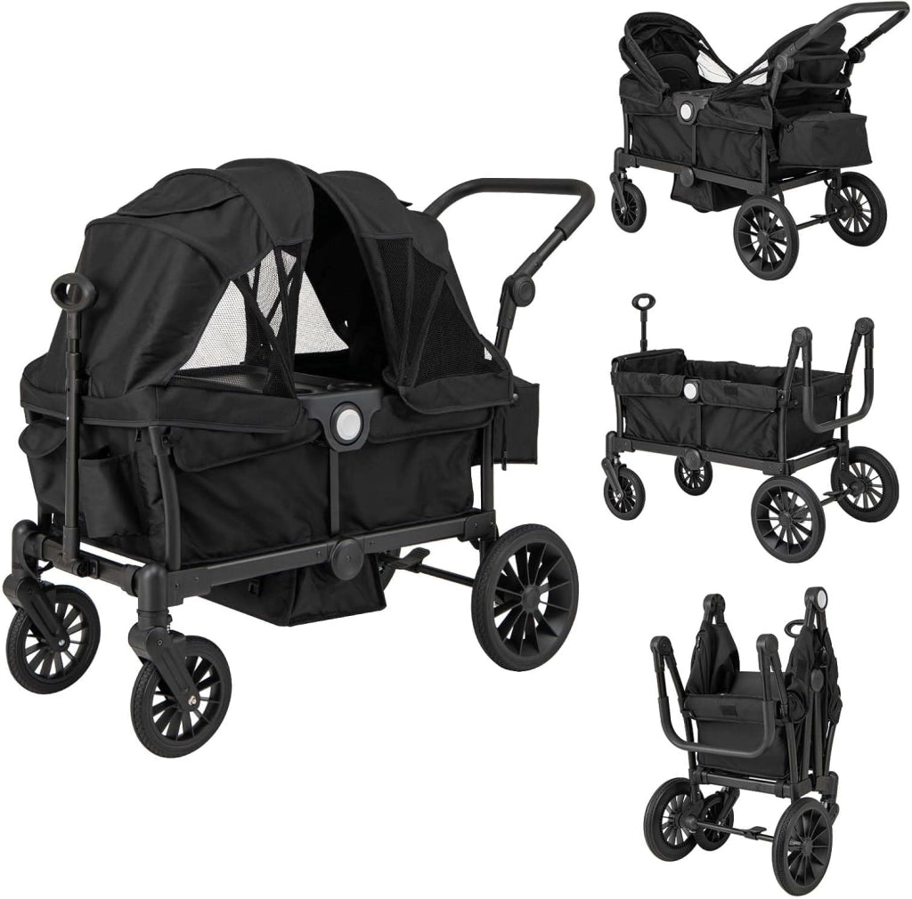 Passeggino Doppio Pieghevole, Passeggino Gemellare con Manico Regolabile, Tettuccio Rimovibile, Portabicchieri, per Bambini da 6+ Mesi, 104 x 57 x 107 cm (Nero)