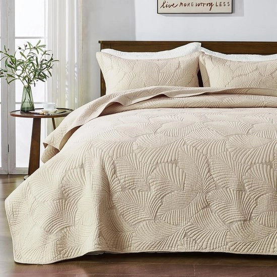 Sprei 220 x 240 cm, beige, sprei di cotone, copriletto, sprei ultradurissimo con decorazione a maglia, copriletto 220 x 240 cm, coperta con 2 cuscini, coperta per divano, coperta per salotto per letto