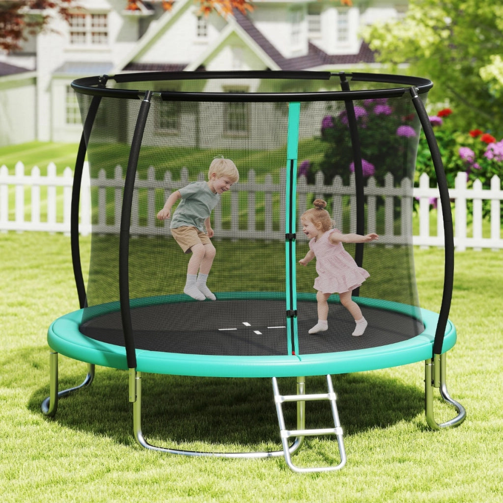 Trampolino da esterno 305 cm con rete di sicurezza e scala, Trampolino ricreativo pesante per bambini e adulti Verde-Trampolini