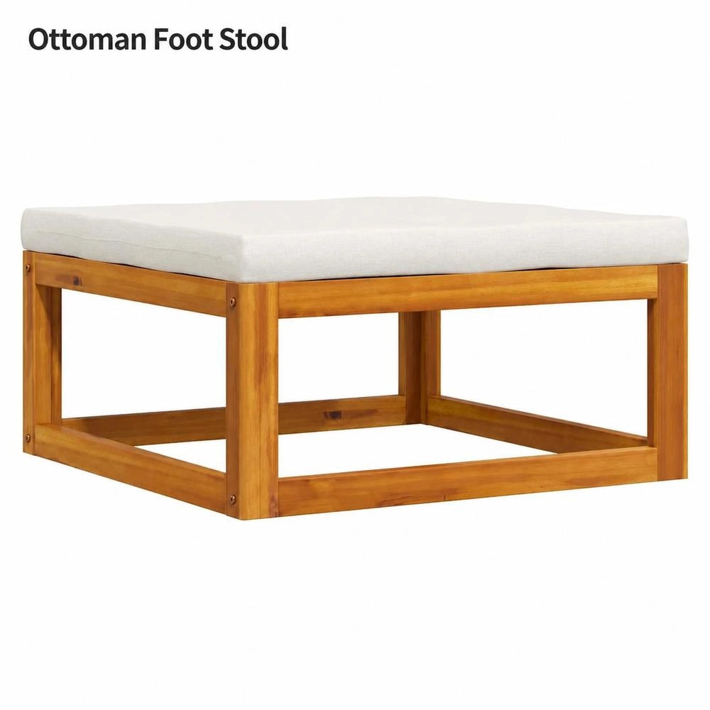 Footstool With Cream-white Upholstery, Solid Acacia Wood