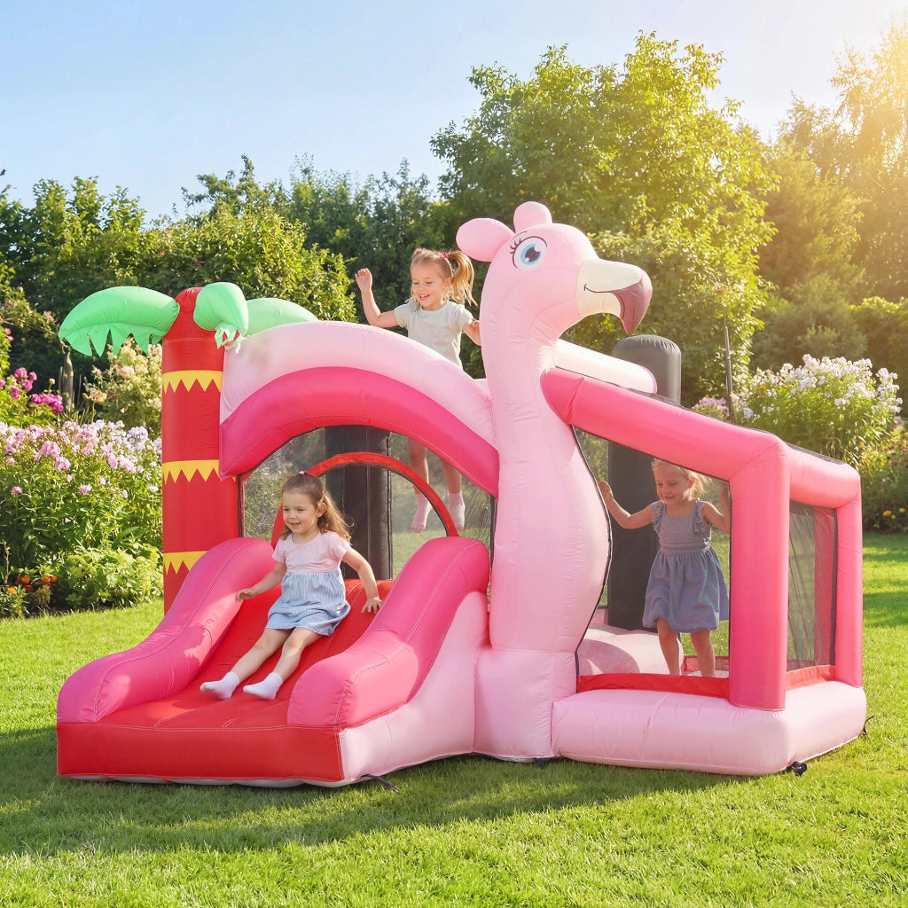 Castello Gonfiabile per Bambini con Scivolo, Trampolino, Vasca di Palline e Canestro Basket, 255x230x196 cm, Rosa