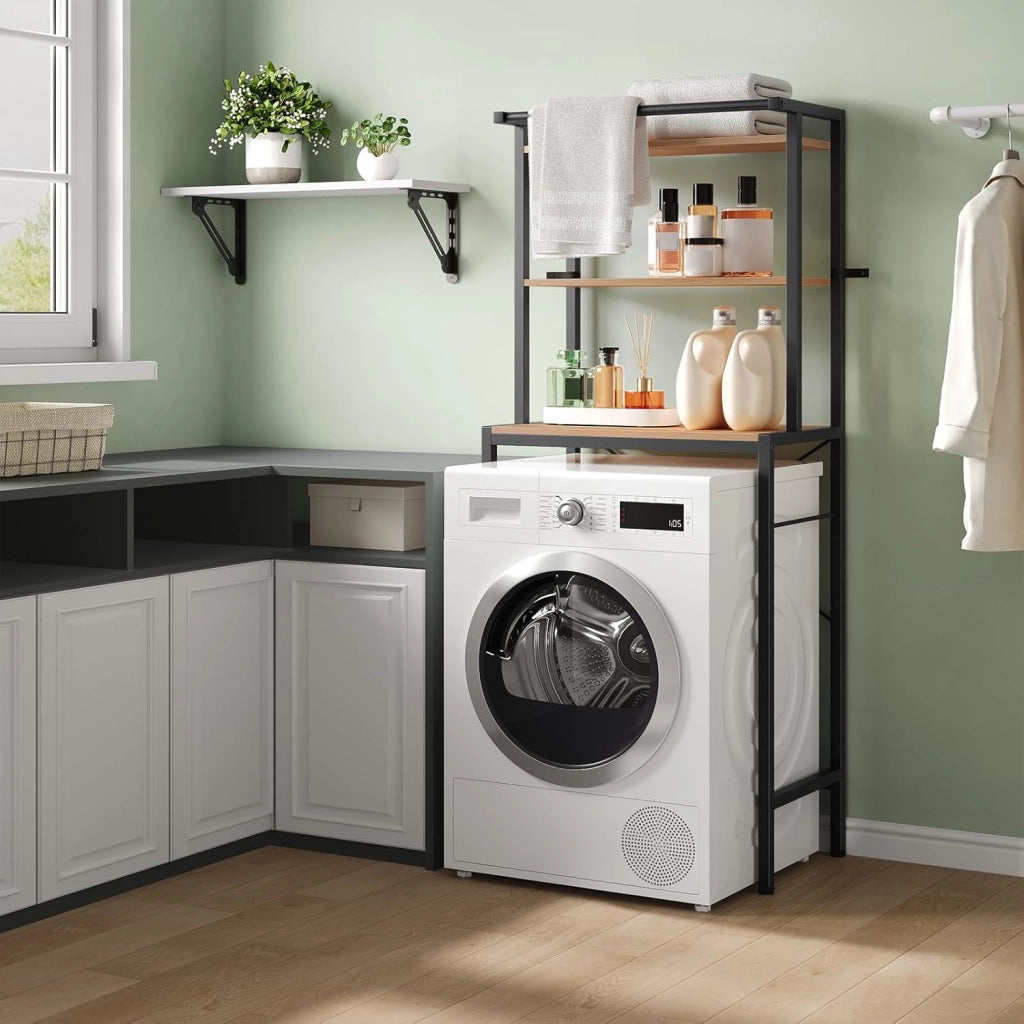 Scaffale sopra Lavatrice a 3 Livelli, Mobile sopra WC Autoportante con Asta di Sospensione, Mobile sopra Lavatrice per Bagno o Lavanderia, 67x40x162cm
