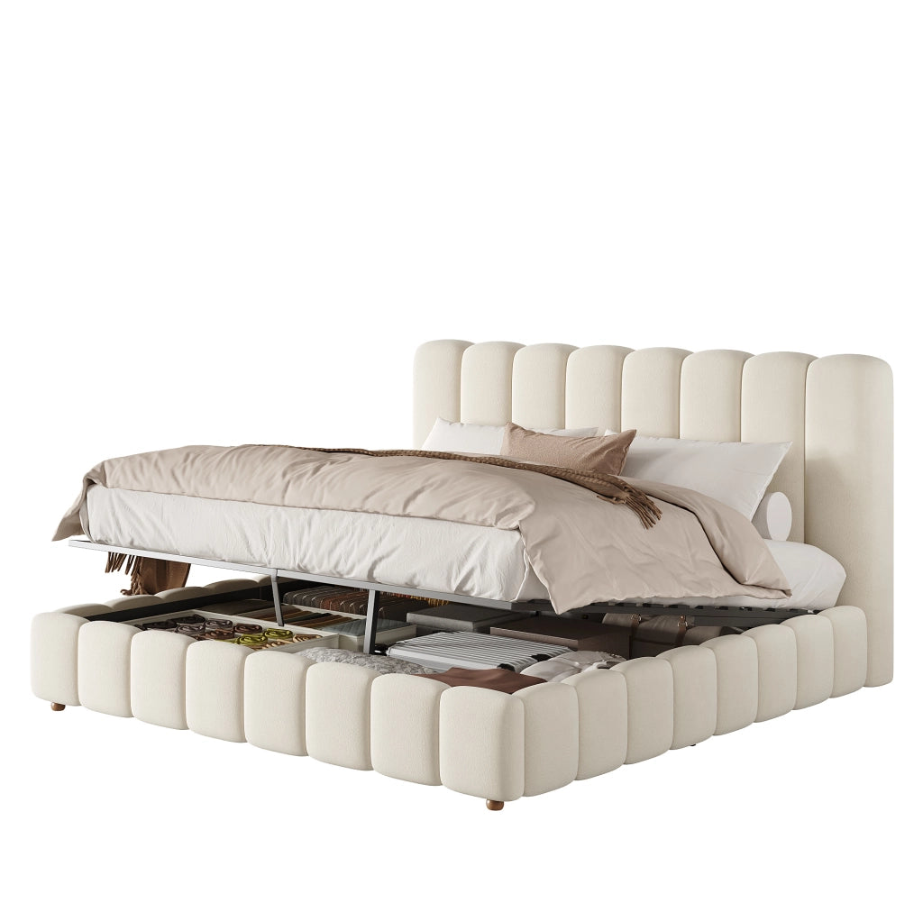 Letto matrimoniale imbottito 160x200 cm con contenitore idraulico; velluto beige